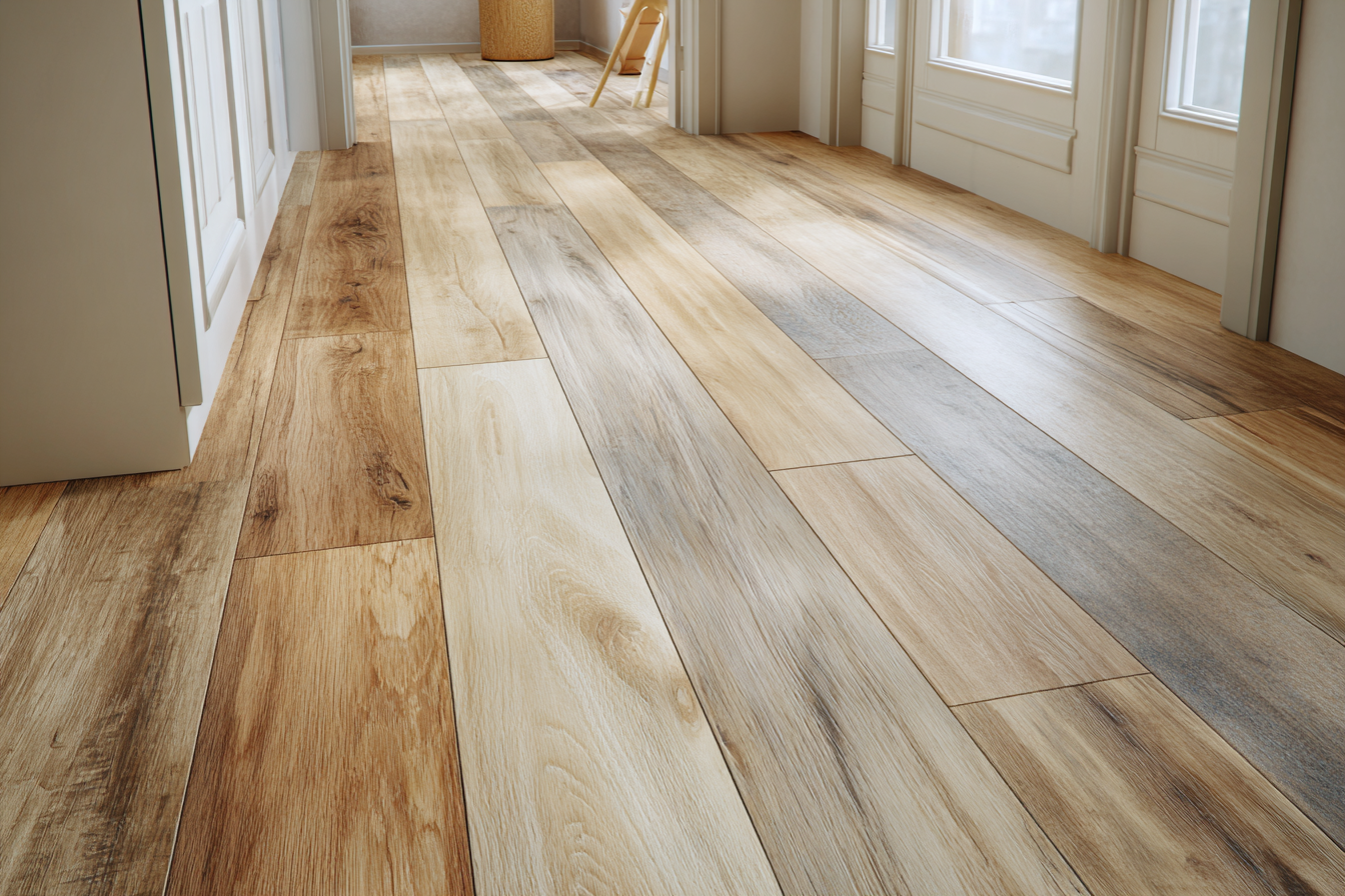 Modern bir salonda kullanılan açık meşe rengi laminat parke